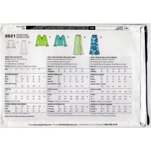 Simplicity Sewing Pattern 3821 Skirt Knit Top Misses Size 10-18 - Picture 2 of 2